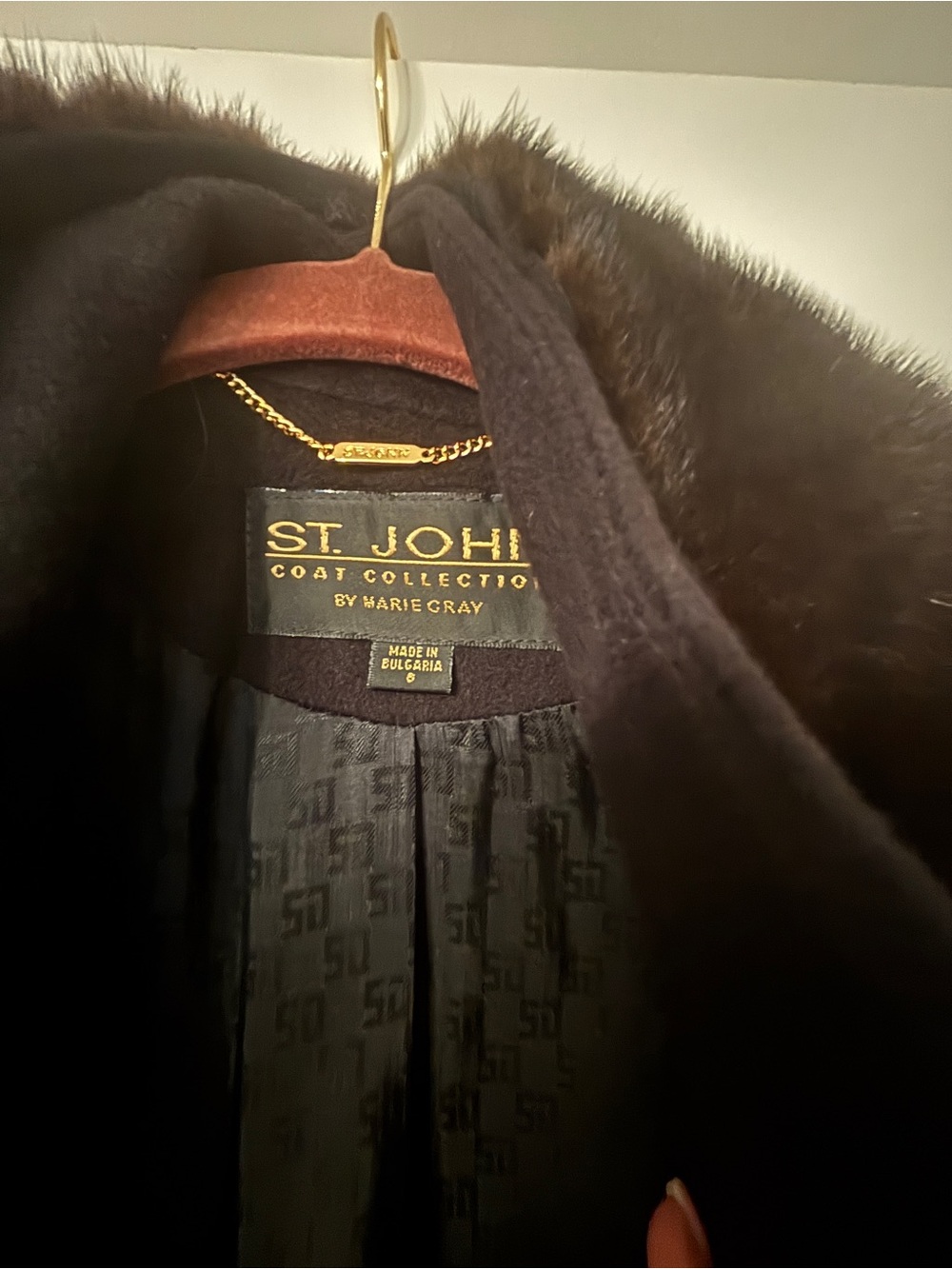 St. John Black Fur-Trim Coat with Gold Chain Trim